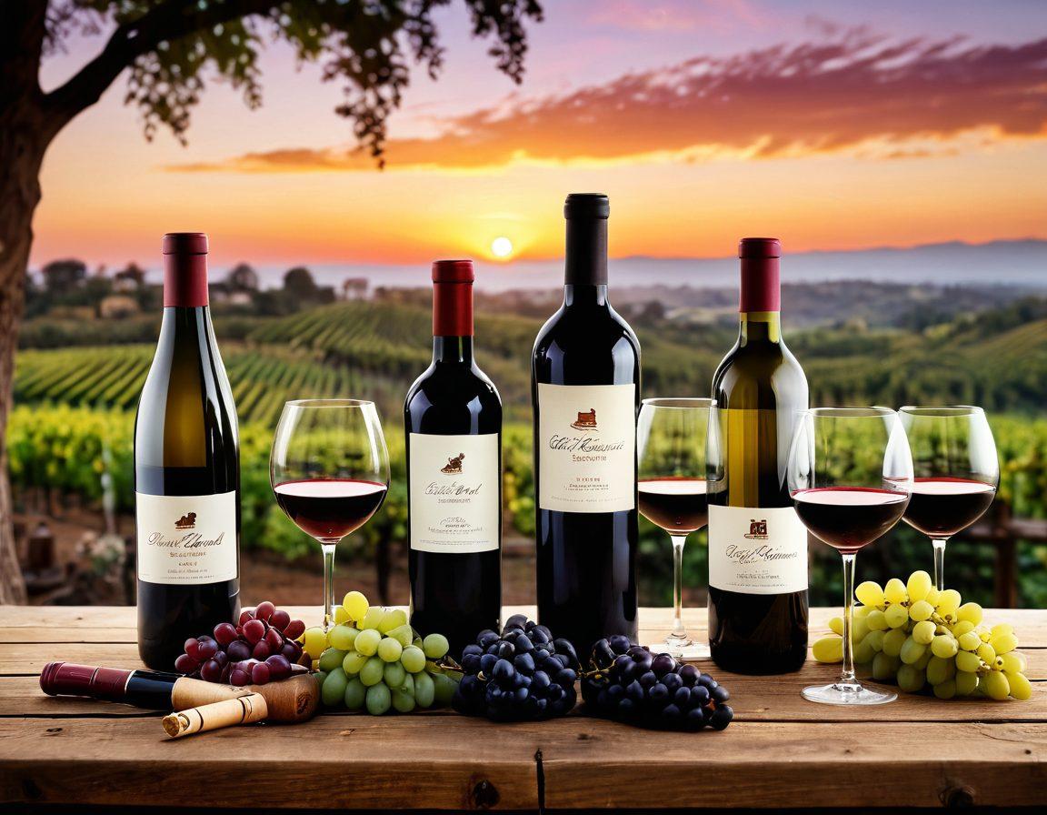 A rustic wooden table set with an array of exquisite wine bottles and elegant glasses, with lush vineyards in the backdrop under a sunset sky. Different wine regions are represented, showcasing diverse labels and accessories like corkscrews and decanters. Include a soft focus effect to convey warmth and a celebratory ambiance. Add some grapes and cheese pairings to enhance the scene. super-realistic. warm colors. soft focus.