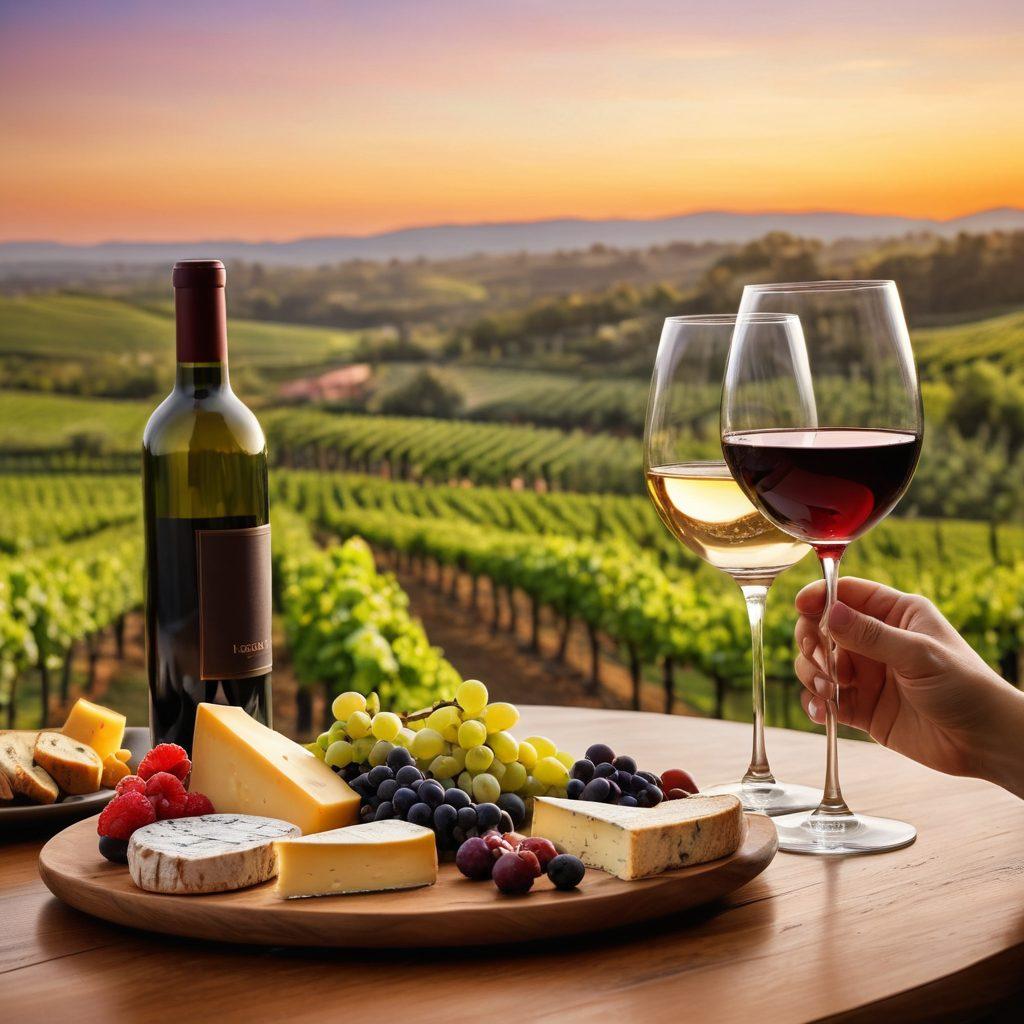 An elegant wine tasting scene featuring a beautifully set table with various wine glasses filled with red and white wines, rich wooden accents, and gourmet cheese platters. The background features lush vineyards under a sunset sky, indicating a serene atmosphere for wine enthusiasts. Include a person elegantly swirling wine in a glass, showcasing the art of tasting. warm tones and soft lighting to enhance the inviting ambiance. super-realistic. vibrant colors.