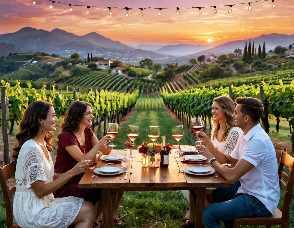 A cozy vineyard landscape at sunset, featuring a wooden table adorned with various wine glasses filled with red, white, and rosé wines. Cheerful people clinking glasses, surrounded by lush grapevines and mountains in the background. A soft glow from string lights overhead creates a festive atmosphere. Illustrate the joy of wine appreciation with vibrant colors and an inviting ambiance. charming illustration. warm tones. dreamy aesthetic.